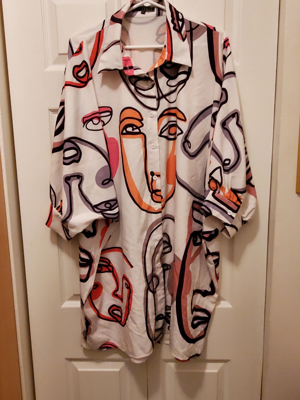 Abstract Oversized Face Print Button-Up Shirt / Shirtdress- White, Orange, Pink